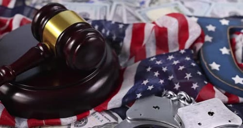 US Financial Regulation of Economic US Sanctions with USA Flag US Dollars Banknotes Judge Gavel