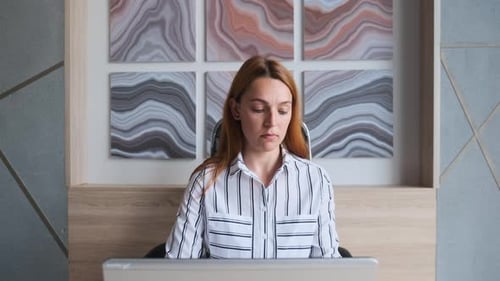 Smiling Young Business Woman Professional Talking on Phone Using Laptop Sit at Home Office