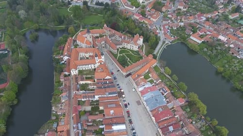 Aerial View of Buildings with Red Tile Roofs on Medieval Square and Old Castle Telc, Czech Republic