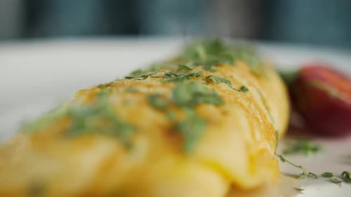 Close-up: French omelette with herbs in a professional kitchen