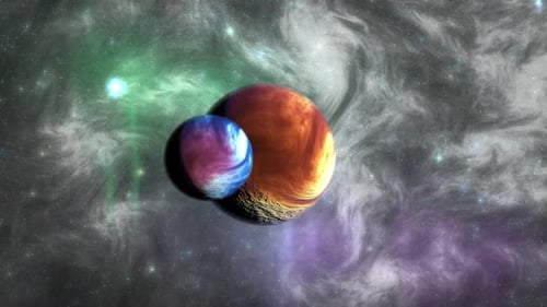 Celestial Binary Planets Orbiting in Vibrant Cosmic Nebula Animation