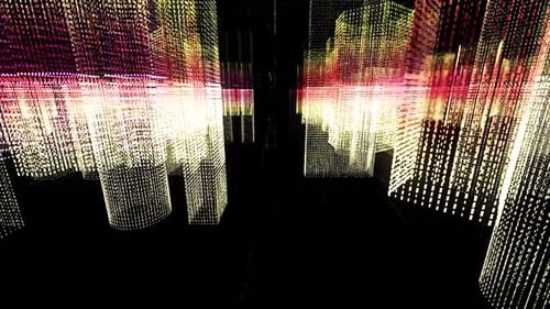 Abstract Digital City Flyover with Glowing Data Grid Buildings