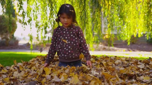 Cute Girl Playing in Pile of Autumn Leaves