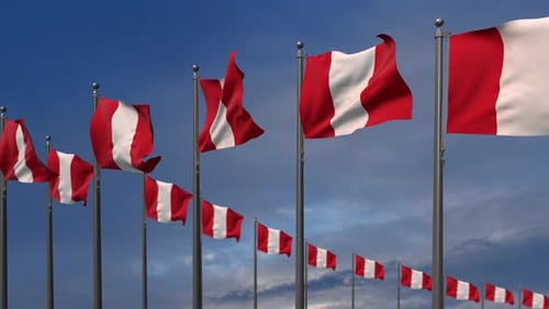 Realistic Peruvian Flags Waving on Flagpoles