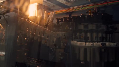 Production de lait Vue des flacons blancs, flacons, flacons, bouteilles en plastique, sur le convoyeur, four industriel