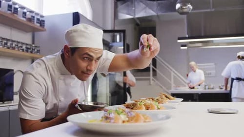 Professional mixed race male chef in a restaurant kitchen, putting food on a plate