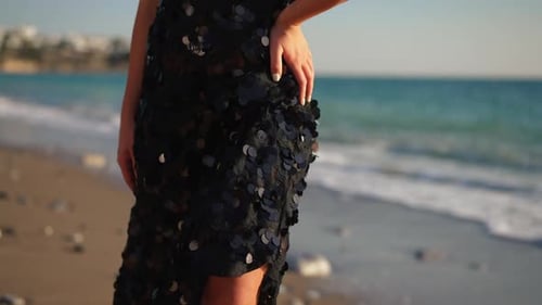 Camera Goes Up Slim Confident Caucasian Female Dancer Posing in Sunshine on Mediterranean Sea Beach