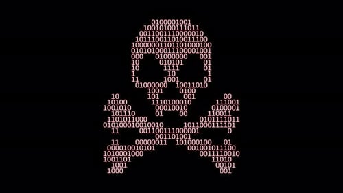 Futuristic Animated Binary Code Skull and Crossbones Threat Symbol