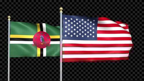 Waving Flags of Dominica and United States on Alpha Channel