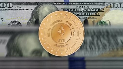 Ethereum ETH cryptocurrency coins over Dollar banknotes loop