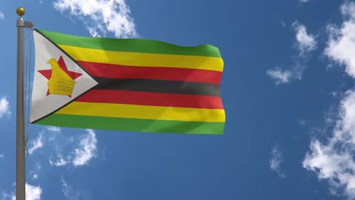 Zimbabwe Flag Waving in Blue Sky with White Clouds