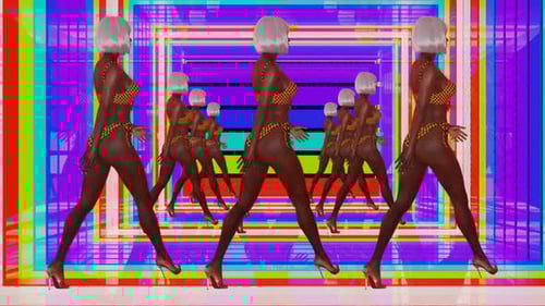 Futuristic Fashion Models Walking in Neon Cyber Grid