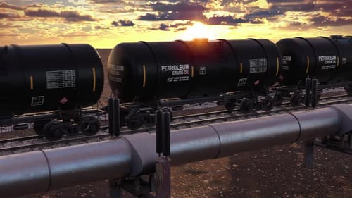 Petroleum Crude Oil Tanker Cars on Railway with Pipeline at Sunset