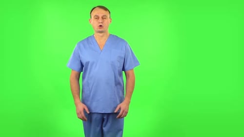 Medical Man Is Upset and Tired, Sighs, Green Screen