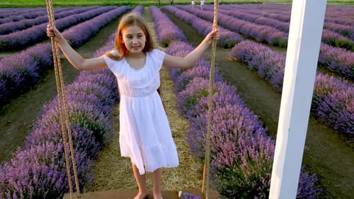 Girl Enjoying Swing in Beautiful Lavender Field