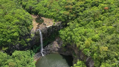 cascades of waterfalls Tamarin island of Mauritius. Aerial view.