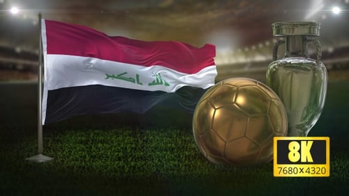 Iraqi Flag Waving with Golden Soccer Ball and Championship Trophy