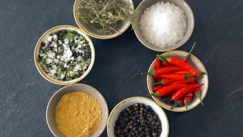 Vibrant Spices Arranged in Bowls from Above