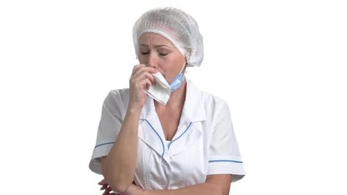 Female Mature Doctor Crying, White Isolated Background