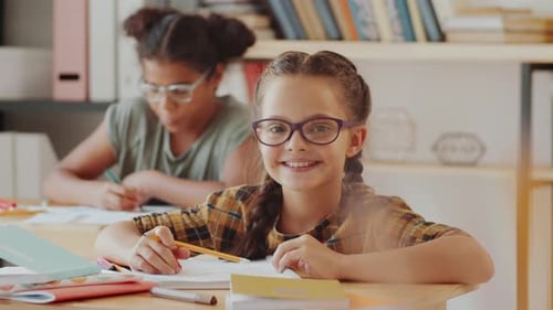 Pretty Girl in Glasses Smiling at Camera during Primary School Lesson