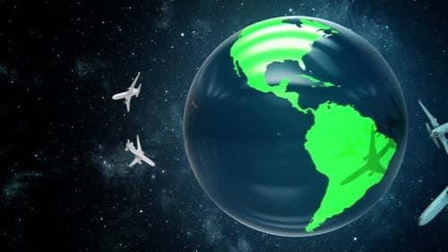 Animated Global Travel: Airplanes Orbiting a Spinning Earth
