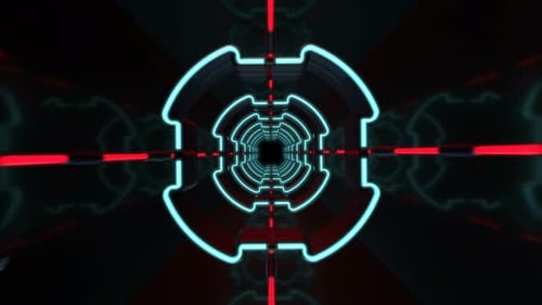 Flight in abstract futuristic tunnel with neon light.