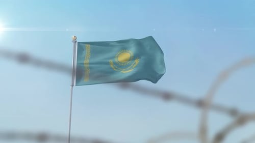 Kazakhstan Flag Behind Border