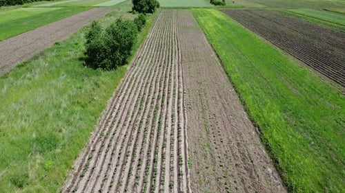 Aerial drone view of a flying over the rural agricultural landscape.