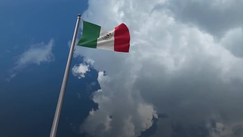 Photorealistic Mexican Flag Waving Against Cloudy Blue Sky
