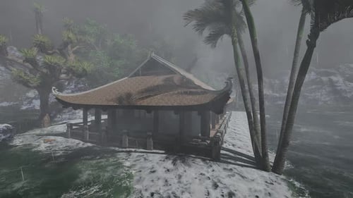 Ancient house by the beach during a rainstorm