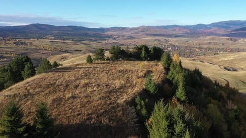 Aerial Drone View of Countryside Hills, Autumn Meadow. Transylvania, Romania
