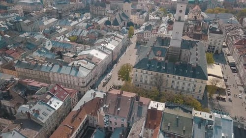 Aerial City Lviv, Ukraine. European City. Popular Areas of the City. Town Hall