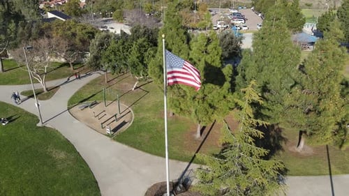 Aerial View of Park with American Flag