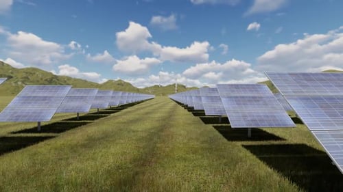 Solar Panels Generating Clean Energy in Green Field Landscape