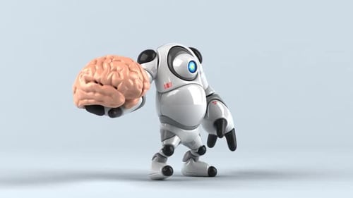 Futuristic Robot Walking with a Human Brain 3D Animation