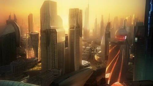 Aerial view of the futuristic cityscape. Metropolis is full of skyscrapers.
