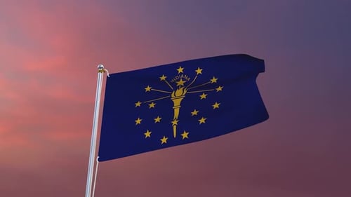 Indiana State Flag Waving Against a Sunset Sky