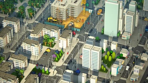 Urban aerial view of the city block with skyscrapers, offices and shops.