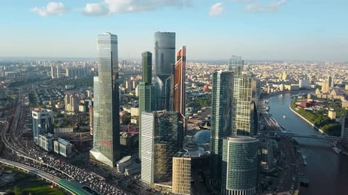 Aerial View of Moscow, Russia. Cityscape with Business Centre, Traffic and River