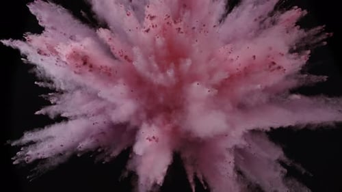 Buntes Pulver/Partikel fliegen, nachdem sie vor schwarzem Hintergrund explodiert wurden. Zeitlupe.