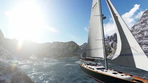 The sailing ship is sailing on the rock mountain