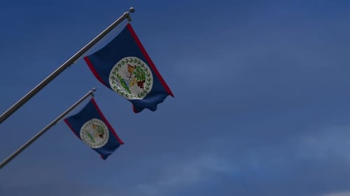Belize National Flag Waving in Clear Blue Sky