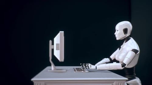 AI Robot Typing on Computer Keyboard