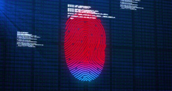 Animation of digital biometric fingerprint computer interface icon on ...