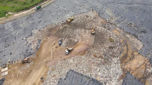 Aerial Top View Video of a Solid Waste Landfill. City Waste Treatment Location. Environmental