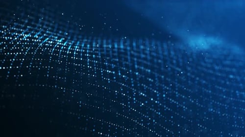 Abstract motion background of shining particles. Digital signature with wave particles, sparkle.