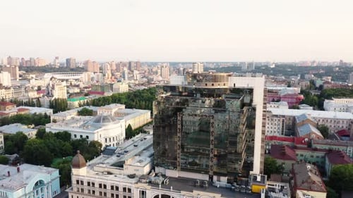 aerial view a beautiful glass building in the city center.