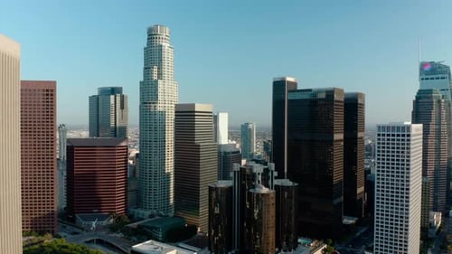 Cinematic urban aerial time lapse of downtown Los Angeles skyline.