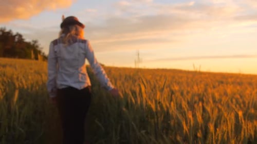 Bohemian woman walking through barley field during sunset
