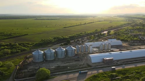 Aerial View of Industrial Ventilated Silos for Long Term Storage of Grain and Oilseed